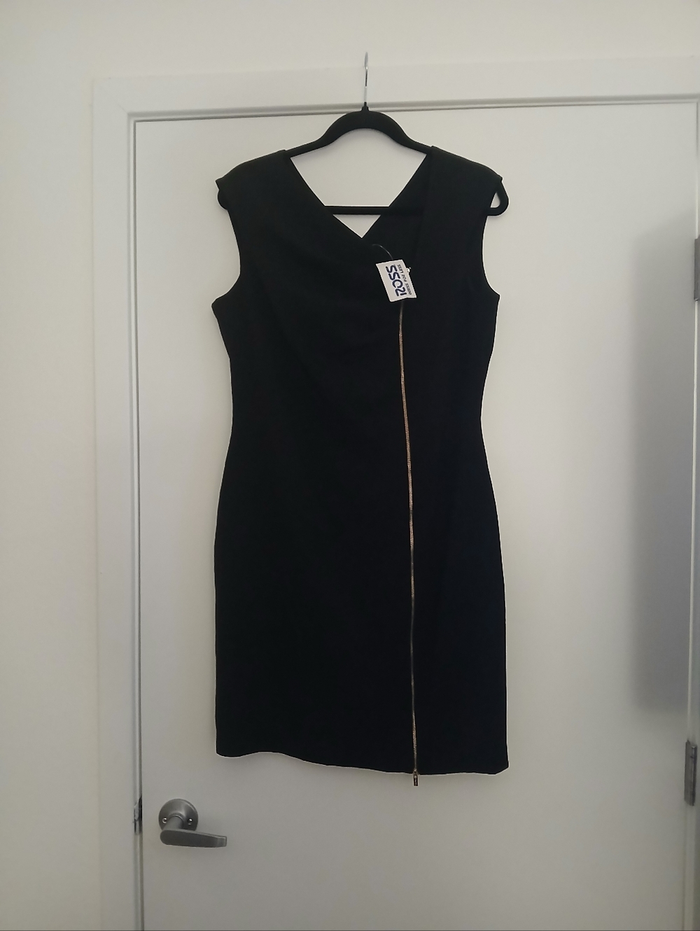 Calvin Klein Black Sleeveless Sheath Dress with Front Gold Zipper